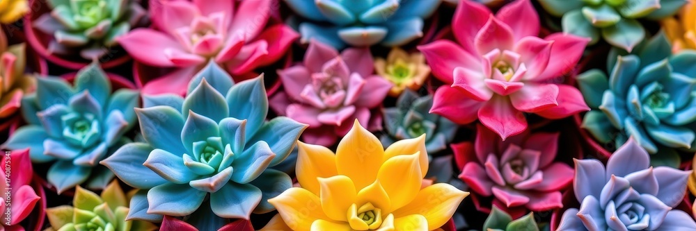 Obraz premium Close-up view of a vibrant mix of echeveria succulents, showcasing their diverse textures and colors, close-up, vibrant, variety