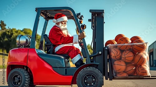 A man in a santa claus suit driving a forklift with a basket full of basketballs