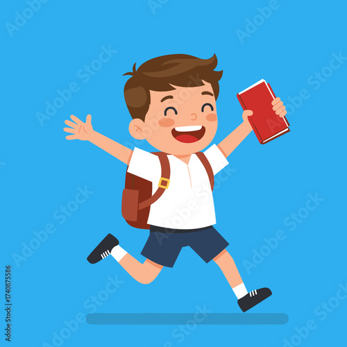 Happy schoolboy running with book and backpack. Joyful student kid ready for education. Back to school concept illustration.