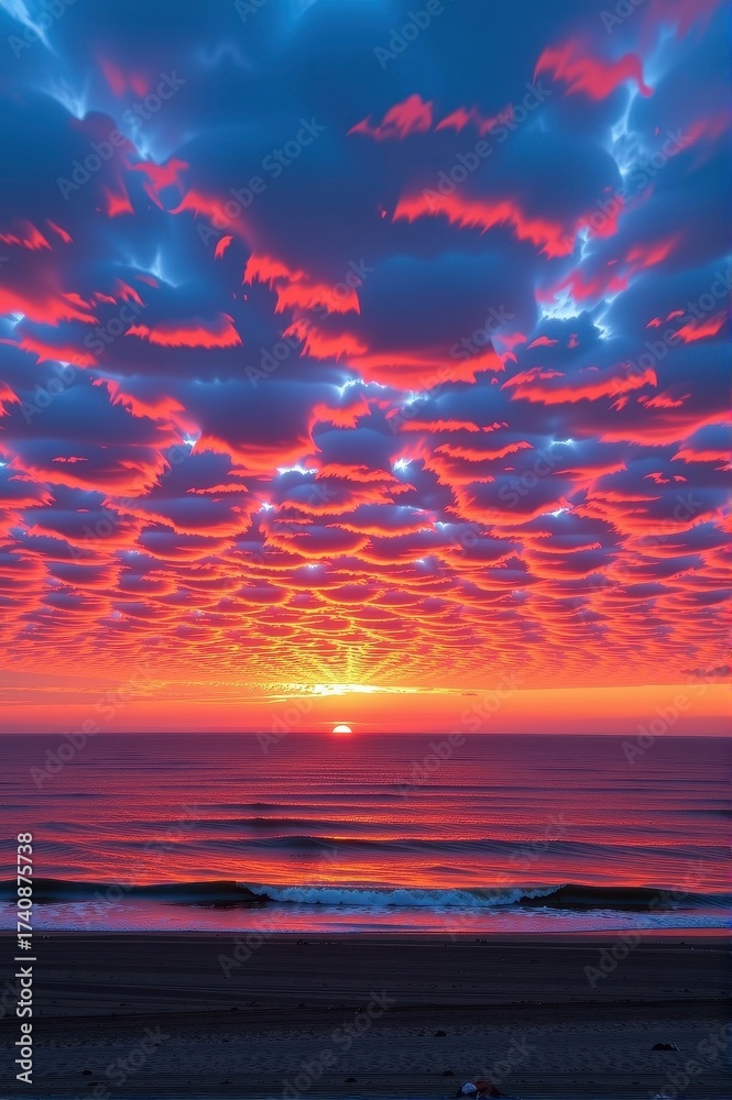 Fototapeta premium Serene Baltic Sea sunset, fiery hues paint the sky above calm waters and sandy shore, coastal, golden hour, relaxation