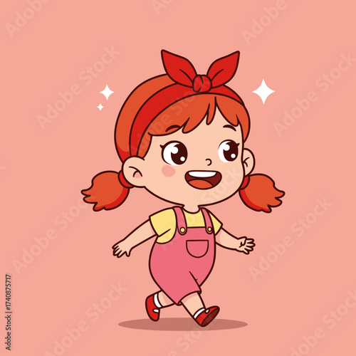 Cheerful cartoon little girl with pigtails and pink overalls walking happily, cute character illustration