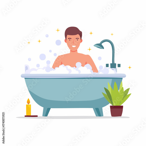 Man relaxing in a bubble bath with a candle and a towel.