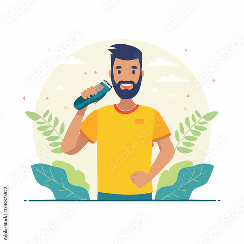 Man trimming his beard with an electric razor in a vector illustration.