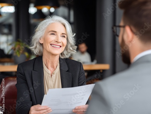 Smiling mature business woman hr holding cv at job interview. Happy mid aged professional banking financial manager, insurance agent, lawyer consulting clients sitting at work corporate office meeting
