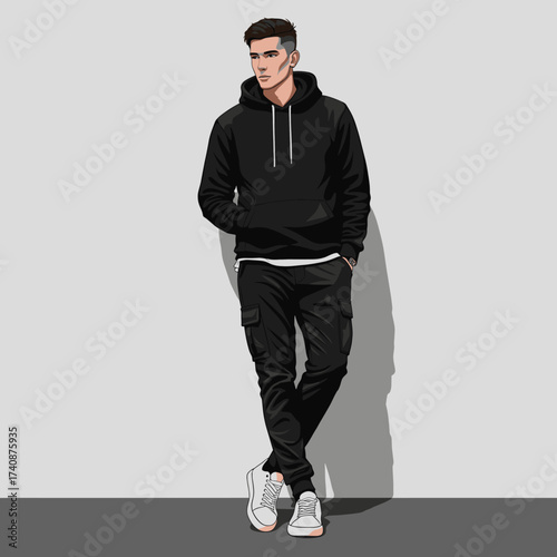 Stylish Young Man in Black Hoodie and Cargo Pants Leaning Against Wall. Urban Streetwear Vector Illustration.