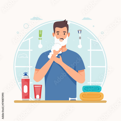 Man shaving his beard with a razor in the bathroom, surrounded by shaving products.