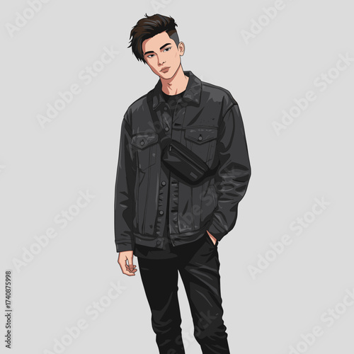 Cool young man in black denim jacket and fanny pack, modern street style fashion illustration