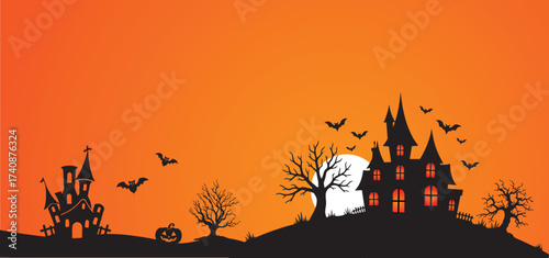 Spooky Halloween Scene with Haunted Houses and Bats