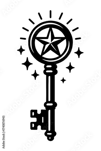 Black skeleton key icon with shining star emblem, radiant light rays, and sparkling accents. A potent symbol of unlocking hidden potential, achieving success, discovering new opportunities, embarking