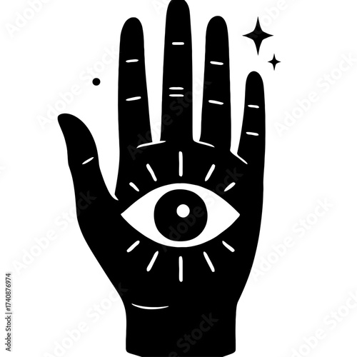 Mystical Black Hamsa Hand with All-Seeing Evil Eye Symbol in Palm, a Powerful Spiritual Protection Amulet and Talisman Vector Art Illustration. This Esoteric Design for Good Luck Wards Off Negative En