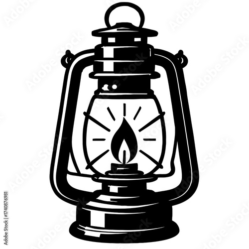Classic Vintage Kerosene Lantern Illustration: A Detailed Black & White Vector Art of a Traditional Oil Lamp with a Lit Flame, Perfect for Rustic, Retro, Camping, or Outdoor-Themed Designs & Historica