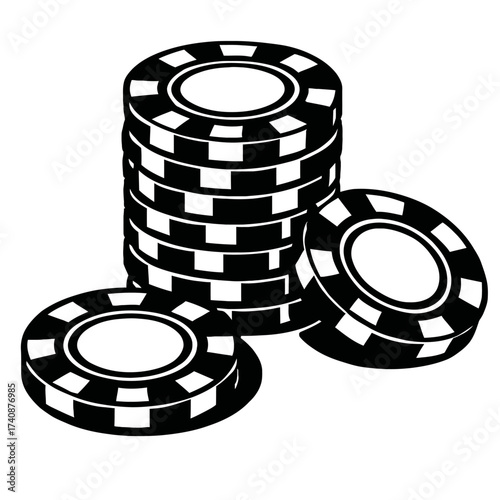 Black and white vector art of a tall stack of casino poker chips with two additional tokens. Perfect for gambling, gaming, and casino themes, symbolizing risk, fortune, and strategy in card games and