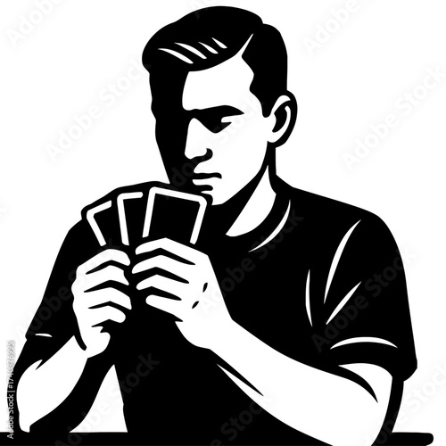 Black and white vector illustration of a man intently focused on his hand of playing cards, depicting strategic thinking and concentration in a card game. Ideal for gaming, poker, casino, entertainmen