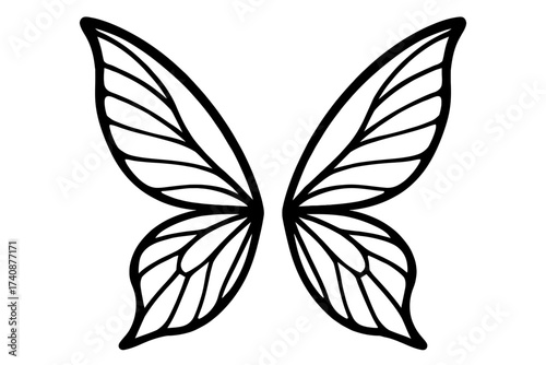 Elegant black outline butterfly or fairy wings vector art illustration with intricate line details, perfect for fantasy themes, mythical creature designs, minimalist graphics, and decorative elements.