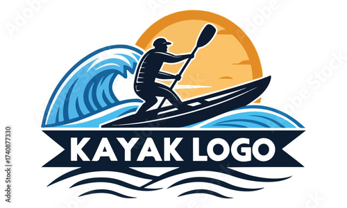 Kayak Logo with Wave and Sunset – Paddler Silhouette Design
