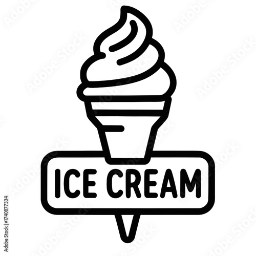 Black outline icon of a soft-serve ice cream cone above a sign with 'ICE CREAM' text. This simple, clean vector graphic is perfect for menus, branding, and promotions for frozen desserts, summer treat