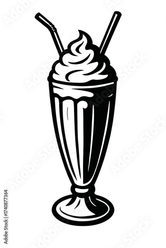Classic retro black and white milkshake illustration with a generous swirl of whipped cream and two elegant straws, presented in a traditional tall, ribbed glass, perfect for vintage diner themes, caf