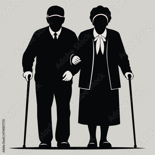 Creative design vector art of silhouette of an elderly couple walking arm in arm with canes, representing companionship and aging