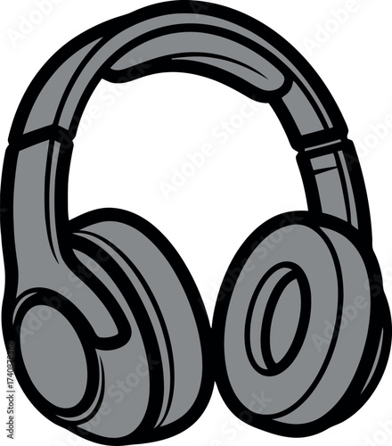 Grayscale vector illustration of over ear headphones for music.