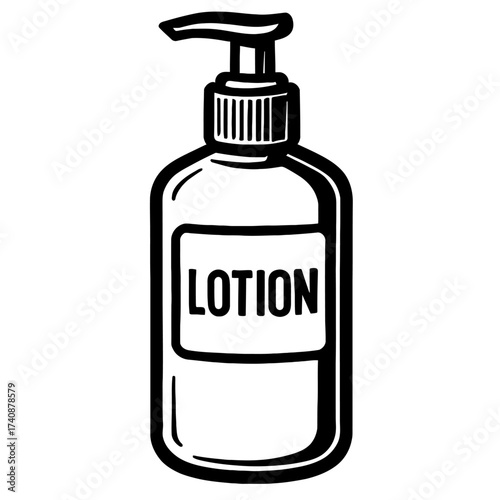 Minimalist black and white hand-drawn vector illustration of a pump lotion bottle, perfect for skincare, body care, and cosmetic product designs. Features a classic dispenser, ideal for moisturizers,