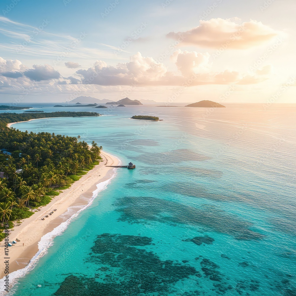 Fototapeta premium Aerial view of a tropical island coastline with white sand beach, palm trees, and crystal clear turquoise water.