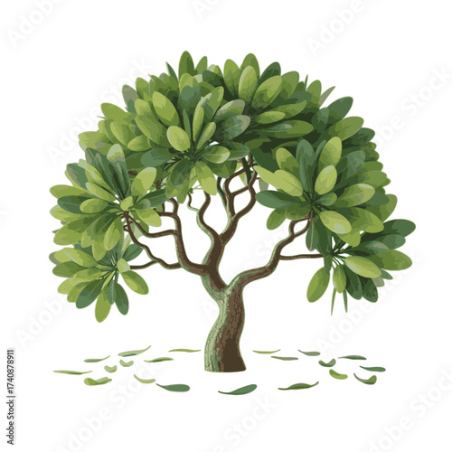 Green leafy tree with brown trunk and scattered leaves on white background vector