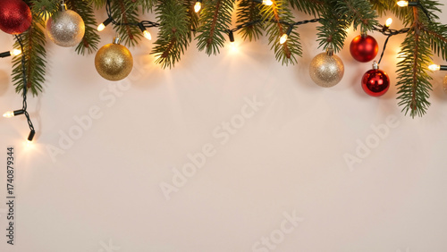 Christmas Garland with Red and Gold Baubles and Lights on White Background