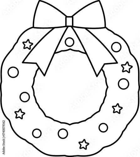 Outline of Christmas wreath with a bow.
Festive Christmas wreath with bow children's coloring pages.
Transparent background. svg.