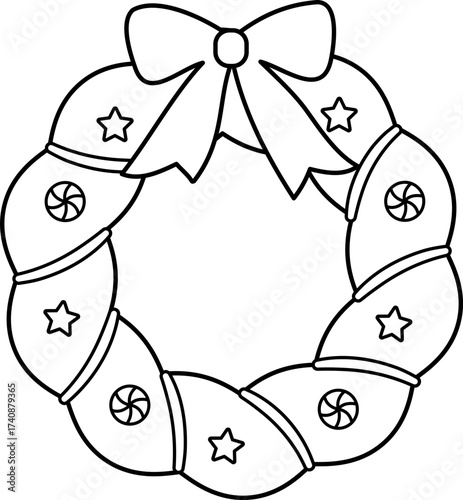 Outline of Christmas Wreath with Bow Stars and Candies.
Festive Christmas wreath with bow children's coloring pages.
Transparent background. svg.