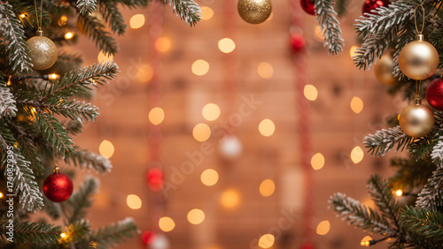 Christmas Pine Branch Frame with Red and Gold Baubles and Warm Bokeh Lights