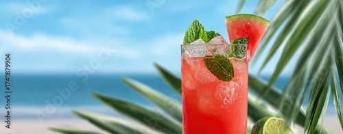 The Red Tropical Cocktail on a Sunny Beach by the Ocean Breeze