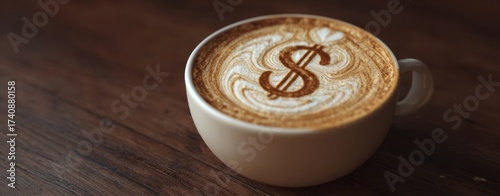 The Latte Cup with Dollar Sign Latte Art on a Wooden Table