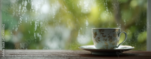 The Tea Cup Resting on a Rustic Wooden Table by Rainy Window