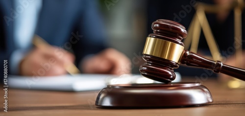 The Gavel on a Desk with Scales and Legal Documents in Background