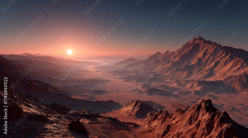 Naklejka premium Sunrise on Mars Viewed from a Mountain Peak in 2506d822