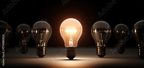 The Lightbulb Standing Bright Among Dark Unlit Bulbs Symbolizing Innovation And Inspiration