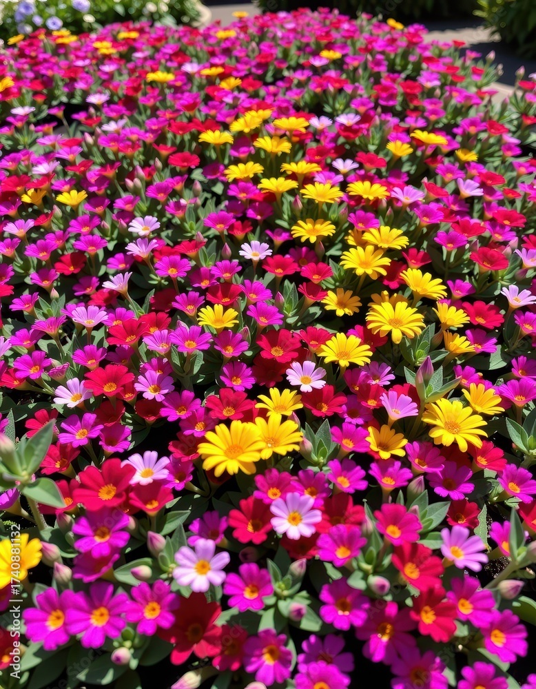Fototapeta premium Vibrant groundcover bursting with colorful blooms, creating a lush tapestry of flowers in a sun-drenched garden, blossom, springtime