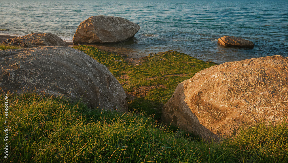 Fototapeta premium Serene Coastal Scene with Rocks and Green Grass Landscape