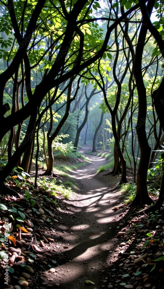 Naklejka premium Eerie shadows dance on a twisting, overgrown forest path, gnarled branches reaching like skeletal fingers, environment, mysterious