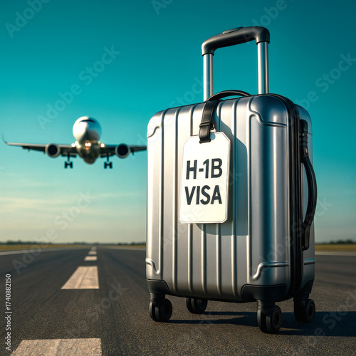 H-1B Visa Success & Global Business Travel Concept Sleek Silver Suitcase on Runway with Landing Jet, Symbolizing New Opportunities