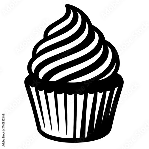 Monochrome vector illustration of a classic frosted cupcake with a fluted wrapper, perfect for bakery logos, sweet treat menus, dessert graphics, simple black and white icons, minimalist food designs,