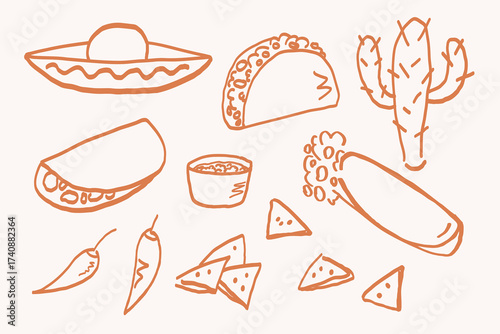Mexico food sketch on isolated background. Doodle with sombrero, taco, nachos, burrito, cactus, pepper. National Mexican cuisine. Vector illustration. Design element for logo, card, menu, sign, banner