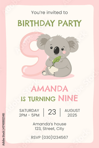 Birthday party invitation card with cute koala. Birthday party vector template