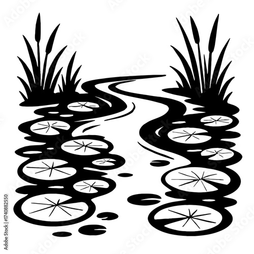 Clean black and white stylized illustration of a winding stream with lily pads and cattails, depicting a peaceful aquatic ecosystem. This vector graphic captures serene nature, ideal for wetland desig