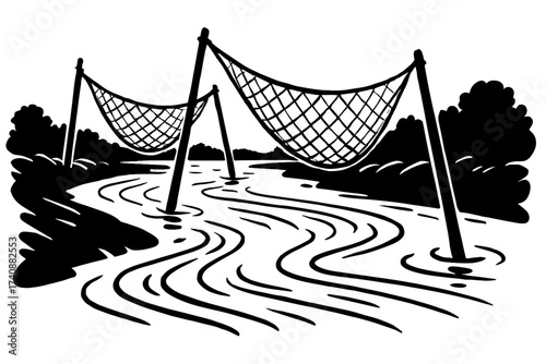 A captivating black and white vector illustration depicting two expansive, traditional fishing nets expertly strung across a winding river or tranquil canal. Sturdy wooden poles, deeply set into the f