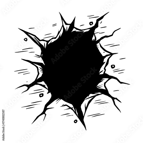 Dynamic Black Hole Punching Through a White Surface with Jagged Edges and Explosive Crack Lines, Creating a Striking Visual Representation of Impact, Destruction, or a Portal Effect in a High-Contrast