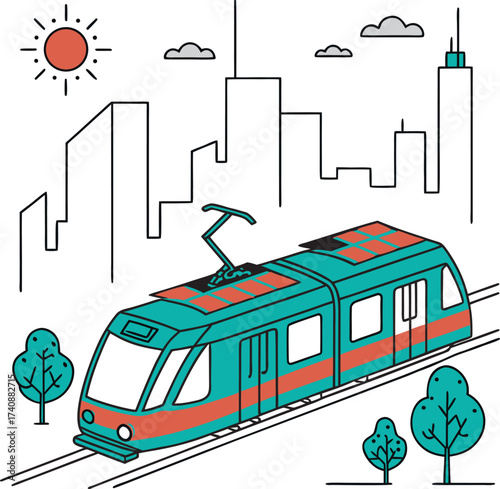 Tram and train in the city on the road for urban transport and travel