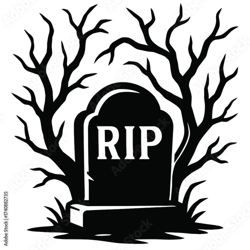 Halloween Tombstone Silhouette Vector: Eerie Gravestone with 'RIP' and Gnarled Bare Trees, Perfect for Spooky Decorations, Gothic Designs, Haunted House Themes, Macabre Art, Party Invites & Creepy Aut
