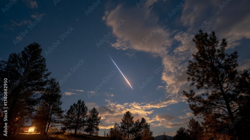 Fototapeta premium Bright Meteorite Streaking Across Night Sky Above Silhouetted Trees