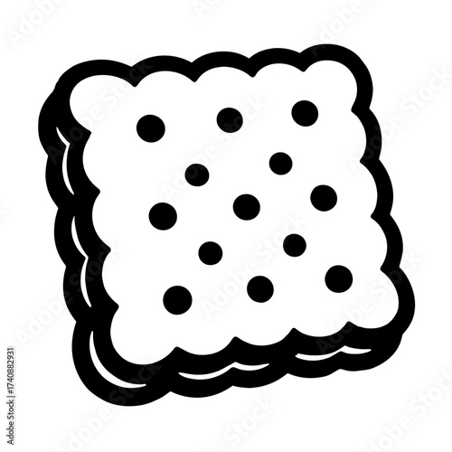 Vector outline icon of a square cracker biscuit with wavy scalloped edges and perforated dots. Perfect for food-related design, menus, packaging, web, mobile apps, bakery branding, recipe blogs. A val
